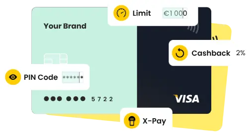 Bank card customisable by the end user (PIN code, limit, etc.) and configurable for cashback and xPay.